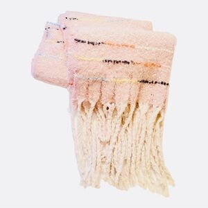 NWT Sweet Pale Pink Fringed Scarf With Multicolored Stitching & Silver Strands